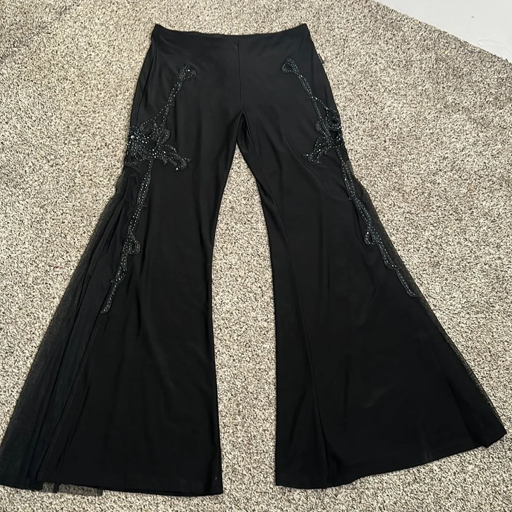 DARMASS black flares leg long high slits pants sequins detail SZ M goth Fariy - Picture 3 of 8